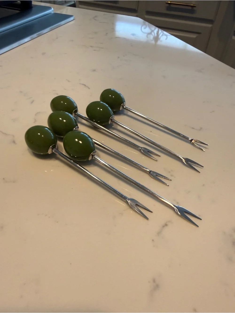 Vtg. Olive Cocktail Picks Set of 6 Green Pimento Martini Barware Appetizer Forks